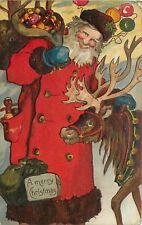 Chromolithograph Embossed Christmas PC H3023 Santa Claus Reindeer Bag of Sweets picture