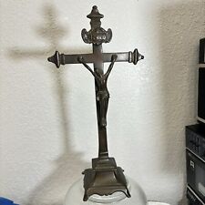 Antique Baroque Bronze Standing Crucifix Cross INRI Jesus Christ 11” picture