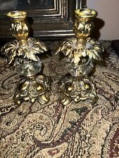 Pair Antique Hollywood Regency Style Ornate Gold cast metal Candlestick Holders picture