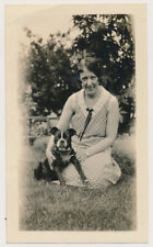 CUTE PIT BULL BOSTON TERRIER DOG w PET LOVER WOMAN vtg 1920's SNAPSHOT photo picture