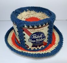 VINTAGE PABST BLUE RIBBON KNITTED/CROCHETED HAT. STEEL CANS. AWESOME PIECE picture
