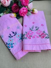 2 Vintage Hand Embroidered Applique Cloth Dinner Napkin Pink picture