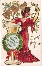 Happy New Year Woman In Red Red Gilded Embossed Champagne French American 1910  picture
