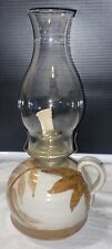 Vintage Glazed Ceramic Oil Lamp With Finger Loop And Clear Glass Chimney 13.5” picture