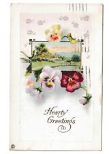 Greetings Card Yellow Lavender Purple Pansies Postcard Embossed Posted c. 1924 picture