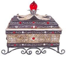 Large Bejeweled Treasure/Jewelry Box, Red Glass Handle, Wrought Iron Base picture