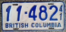 ** 1941 British Columbia License Plate **  #11-482  Very Nice picture