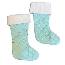 SET OF 2 STOCKINGS MINT QUILTED WITH GOLD STARS & SEQUINS CHRISTMAS BEAUTIFUL picture