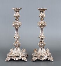 Antique Pair of Brass Silver Plated Shabbat Judaica Candlesticks Polish 11 3/8