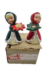 Vintage Napco 1950s' Christmas Girls Pair Candle Holders Japan MCM 3604 w Box picture