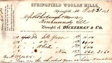 Springfield Woolen Mills Springfield IL 1871 Billhead Dickerman Co Yarns picture