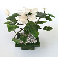 Vintage Asian Jade Glass Flowering White Blossom Bonsai Tree 5