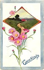 Picturesque Road, Beautiful Pink Flowers, Greetings, 1911 Postcard picture