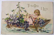 To One I Love Vintage Valentine's Postcard Girl in the Boat with Flowers Posted picture