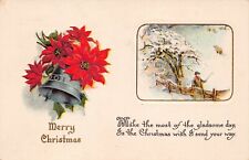Antique Christmas Card Poinsettia Sheep Winsch Silver Bell Vtg Postcard A50 picture