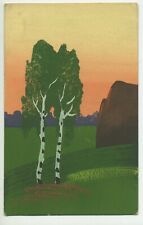 Vintage hand painted postcard birch tree sunset picture