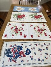 Lot of FOUR Vintage Cotton Dish Towels Blue Pink Floral Strawberries picture