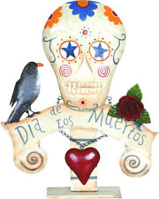 DAY OF THE DEAD SKULL Metal Table Top Figurine Raven Heart HALLOWEEN Decor picture