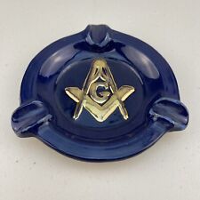 Vintage Mason Masonic Freemason Ceramic Ashtray Navy Gold Signed 