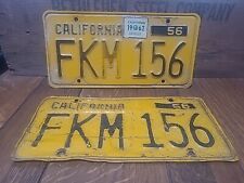 California 1956 License Plate Matched Pair/Set 1956  Vintage Tag Yellow Black picture