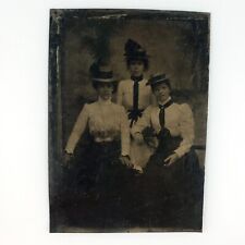 Victorian Biker Girl Group Tintype c1870 Antique 1/6 Plate Bicycle Photo B2835 picture