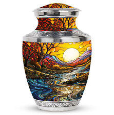 Ash Container For Human Remains Stained Glass River Landscape 10 Inch, Large Urn picture