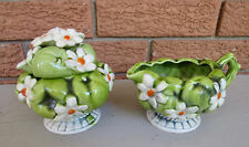 Vintage Inarco Green Apple and Daisy, Sugar Bowl w/ Lid, Creamer w/ Handle JAPAN picture