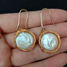 20MM White Coin Pearl Gold Plated Hook Earrings Platinum Custom Handmade picture