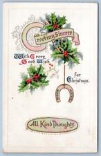 1910's CHRISTMAS HORSESHOE HOLLY ALL KIND THOUGHTS EMBOSSED OPALESCENT POSTCARD picture