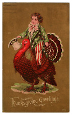 Vintage Patriotic Boy Red White & Blue Uniform Riding Turkey Thanksgiving  - A63 picture