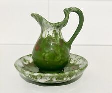 Vintage Green Ceramic Glazed  Mini Creamer  And Saucer 4”x4” Two Piece Set picture