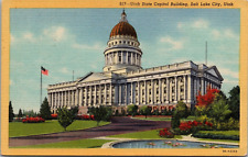 Postcard Utah State Capitol Building Salt Lake City UT Utah Flag Rotunda 1951 picture