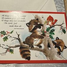 Vtg UNUSED Christmas Card Raccoon In Tree Cardinal Cute W/Env picture