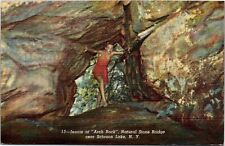 Postcard NY Schroon Lake Girl Jennie at Arch Rock Natural Stone Bridge picture