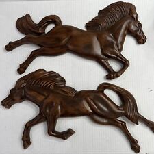 Vintage MCM Horse Wall Plaques Chalkware Galloping Set Of 2 Brown 18” picture