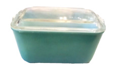 HTF Glasbake McKee Refrigerator Dish Loaf Pan 805 Turquoise Milk Glass Clear Lid picture