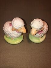 Vintage Sheep Salt Pepper Shakers Taiwan 3 Inches Pink Bow Painted picture