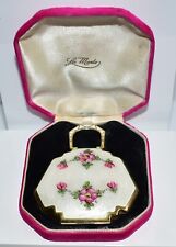 BEAUTIFUL Antique PINK FLOWER Hand Painted ENAMEL GUILLOCHE Compact ORIGINAL BOX picture