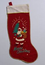 Vintage Red Felt Stenciled Merry Christmas Stocking Santa Carrying Gifts & Tree picture