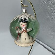 Vtg 1950’s West Germany Snowman Candy Cane Mica Diorama Globe Glass 3D Ornament picture