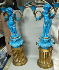 Rare Unusual Pair Of Blue Porcelain & Metal Cupid Candelabras picture
