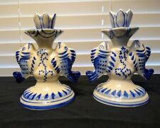 Vintage Pair Of  Russian Cobalt Blue & White Gzhel Handcrafted Fish Candlesticks picture