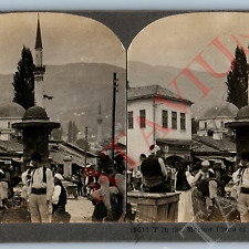 c1900s Serajevo, Jugoslavia Market Place Tea Square Real Photo Stereoview V45 picture
