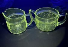 Uranium Glass Cream and Sugar Set of 2,  clear, green uranium vaseline etched picture