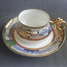 Russian Lomonosov Cup & Saucer Set Village At The Lake 22k Gold picture