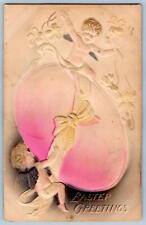 1910 EASTER GREETINGS EGG CHERUBS AIRBRUSHED PINK EMBOSSED ANTIQUE POSTCARD picture