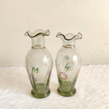 1930s Vintage Floral Artwork Glass Design Flower Vase Decorative Pair Rare GV197 picture
