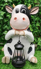 Country Farm Whimsical Holstein Cow Statue Holding Solar LED Lantern Light 14