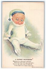 c1910's Little Kid Ice Skating A Slippery Preposition Advertising Postcard picture