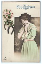 c1910's Happy Birthday Pretty Woman Horseshoe Flowers German RPPC Photo Postcard picture